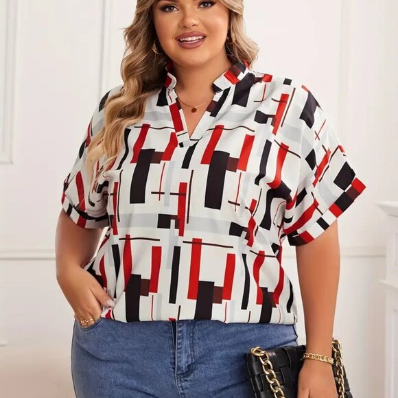 Women's Plus Size Elegant Flattering Geometric Print Summer Blouse Top 16W -20W - Picture 1 of 12